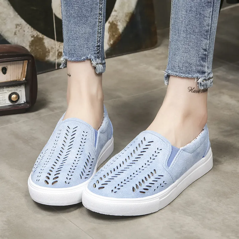Hollow Out Pure Color Canvas Round Toe Flats Casual Shoes