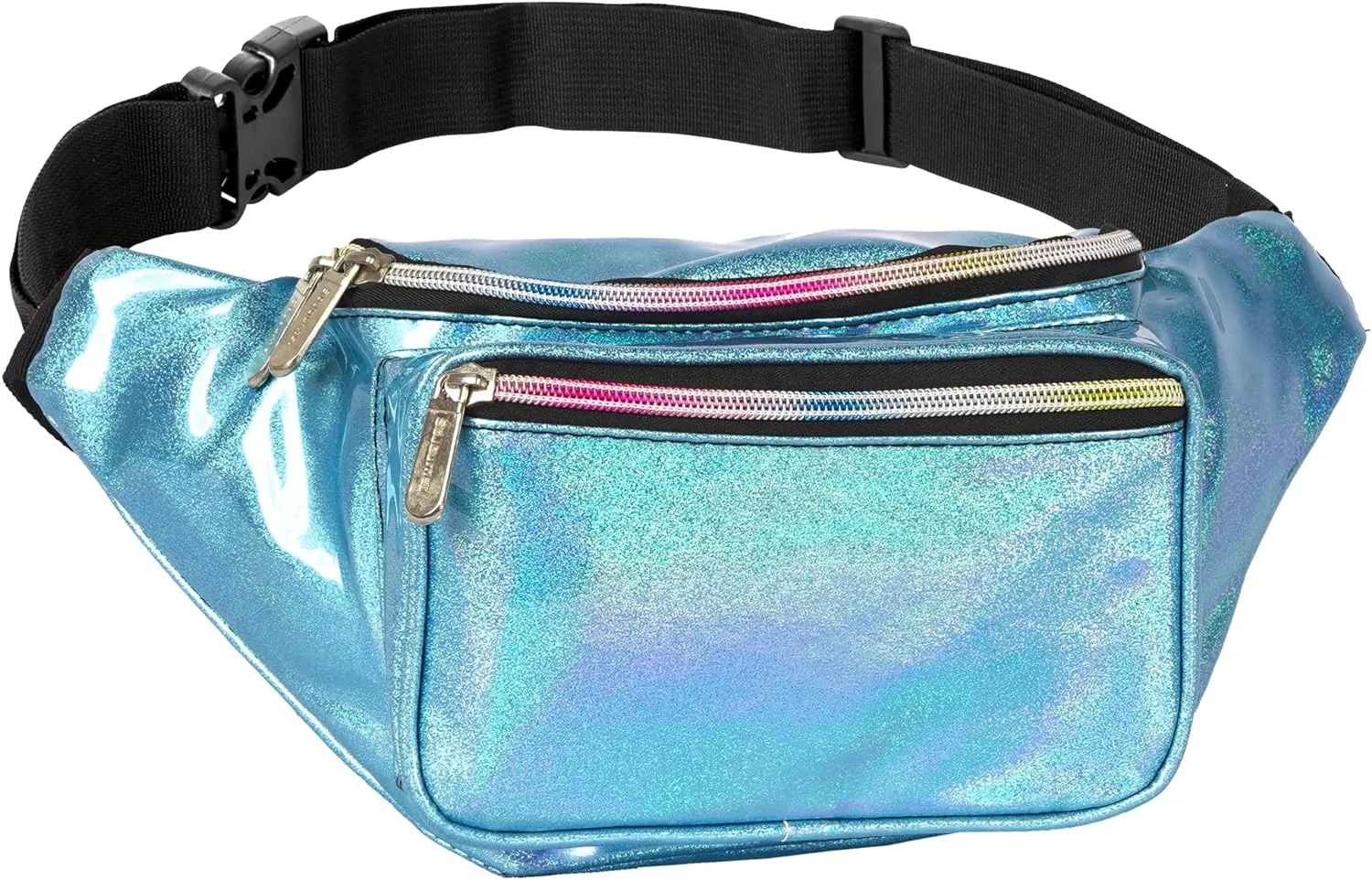 Holographic Fanny Pack Belt bag - Crossbody Waist Bag for Men or Women - Hands-Free, Waterproof Large Bumbag for Hiking, Running, and Travel (Blue Glitter)
