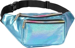 Holographic Fanny Pack Belt bag - Crossbody Waist Bag for Men or Women - Hands-Free, Waterproof Large Bumbag for Hiking, Running, and Travel (Blue Glitter)