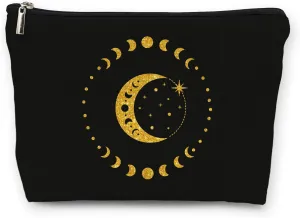 huester Black Golden Boho Moon Phases Makeup Bag, Moon Make Up Bag, Moon Phase Tarot Cosmetics Bag, Boho Cosmetic Bags Travel Makeup Pouch Moon Witchy Gifts for Purse Women Girls Sister Mom