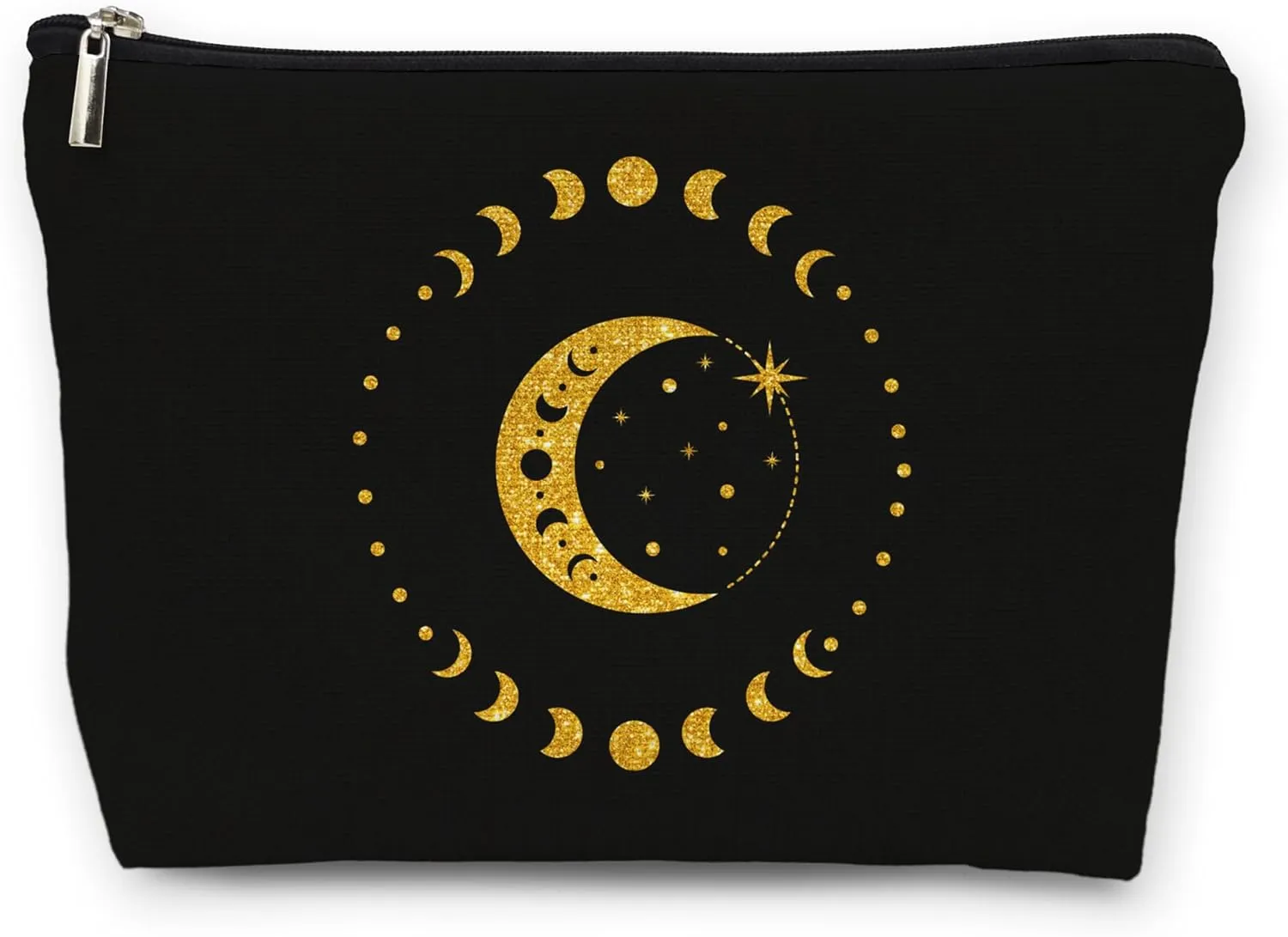 huester Black Golden Boho Moon Phases Makeup Bag, Moon Make Up Bag, Moon Phase Tarot Cosmetics Bag, Boho Cosmetic Bags Travel Makeup Pouch Moon Witchy Gifts for Purse Women Girls Sister Mom