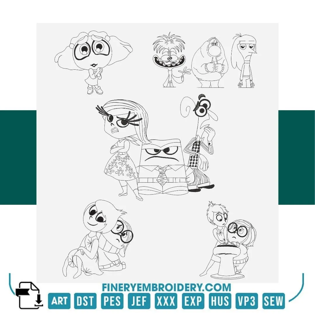 Inside Out Emotions Embroidery Design Pack – 12 Designs - 4 Sizes   | FineryEmbroidery