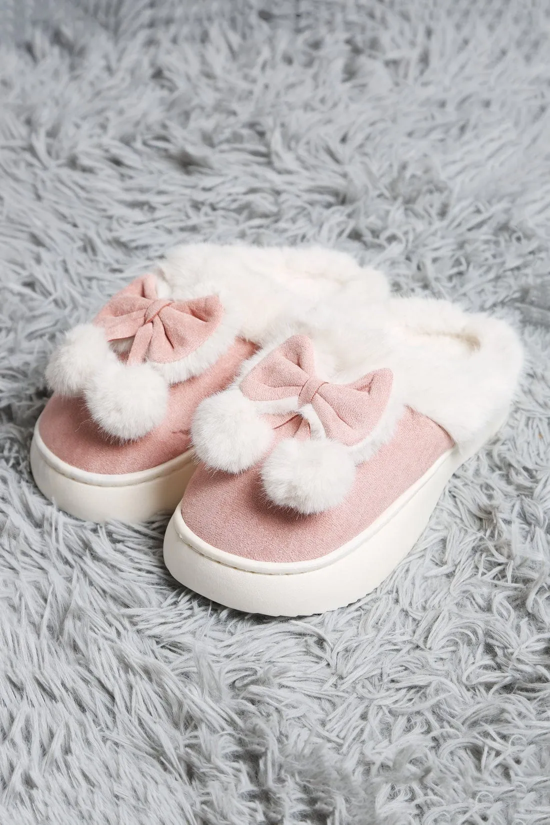 JCL6116 Superlux Faux Suede Fuzzy Bow and Pom Pom Slippers