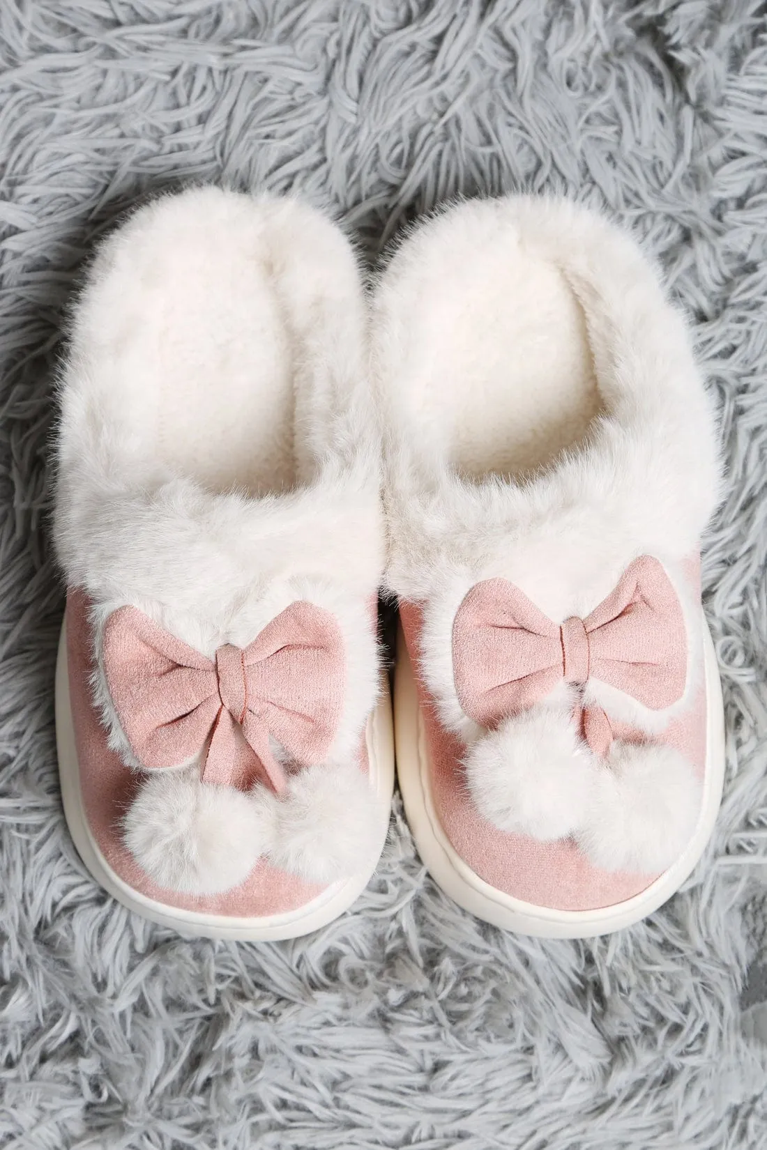 JCL6116 Superlux Faux Suede Fuzzy Bow and Pom Pom Slippers