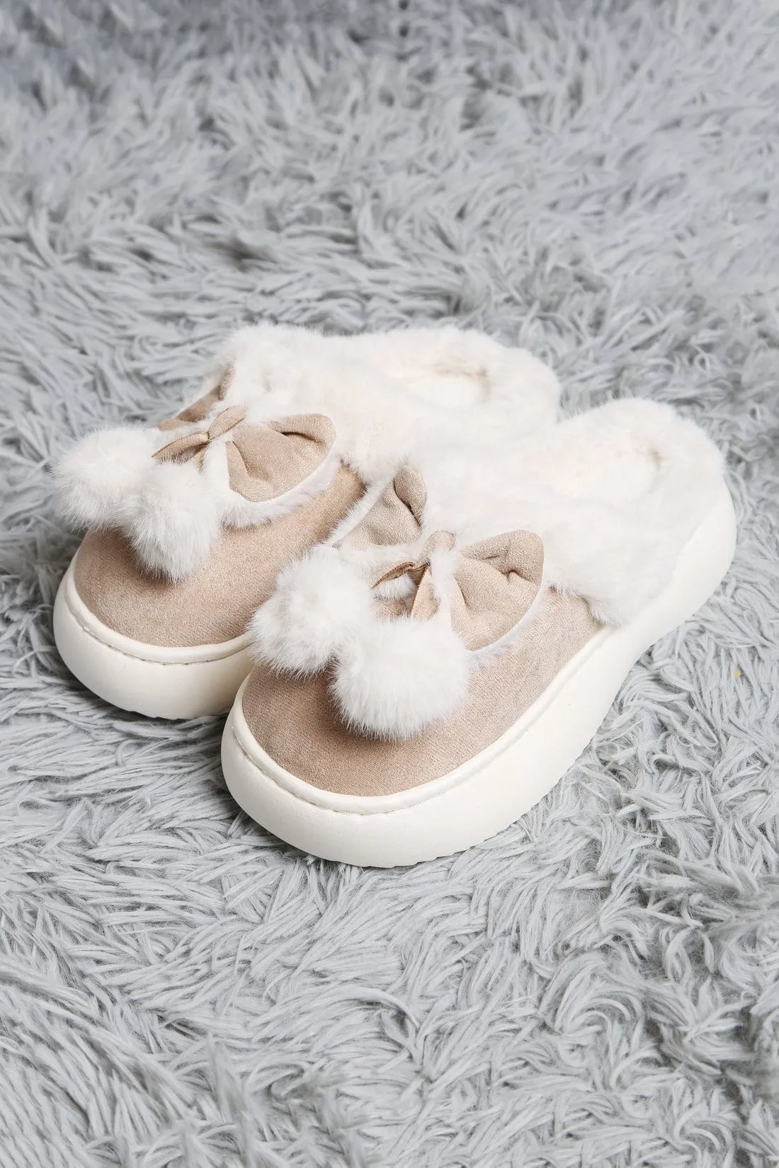JCL6116 Superlux Faux Suede Fuzzy Bow and Pom Pom Slippers