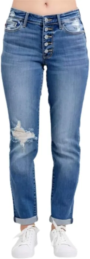 Judy Blue Mid Rise Button Fly Boyfriend Jeans