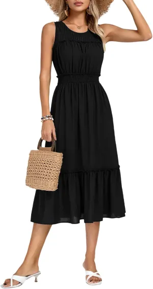 Kate Kasin Women's Summer Dresses Casual Sleeveless A-Line Midi Sundress Smocked Waist Flowy Tiered Beach Dress