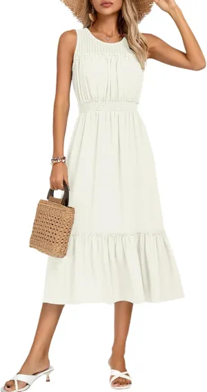 Kate Kasin Women's Summer Dresses Casual Sleeveless A-Line Midi Sundress Smocked Waist Flowy Tiered Beach Dress