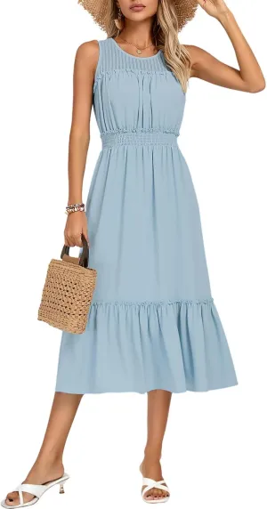 Kate Kasin Women's Summer Dresses Casual Sleeveless A-Line Midi Sundress Smocked Waist Flowy Tiered Beach Dress