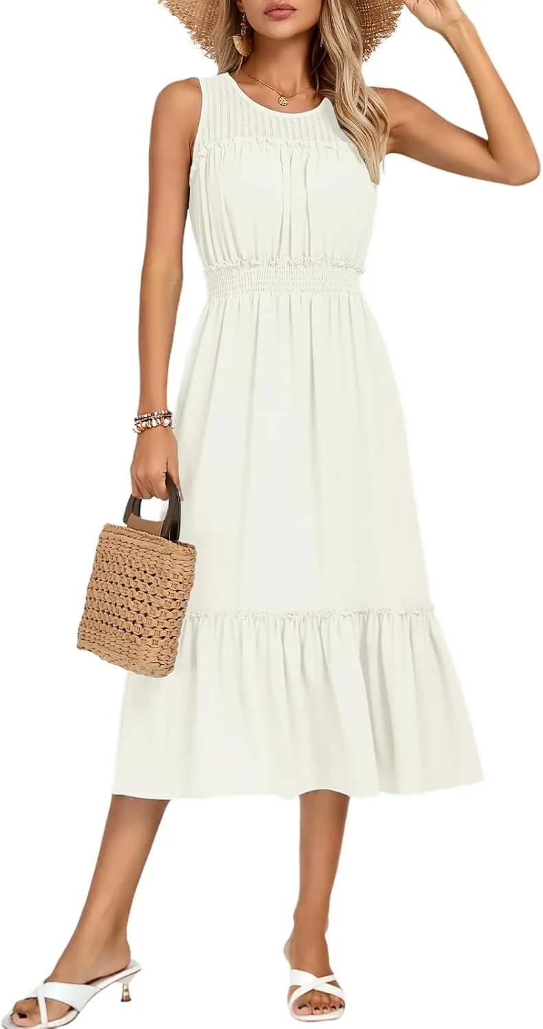 Kate Kasin Women's Summer Dresses Casual Sleeveless A-Line Midi Sundress Smocked Waist Flowy Tiered Beach Dress