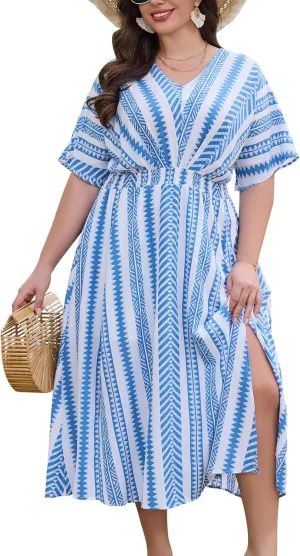 Keluummi Plus Size Summer Maxi Dresses for Curvy Women, Causal Boho Floral V Neck Empire Waist Dress with Pocket and Slit