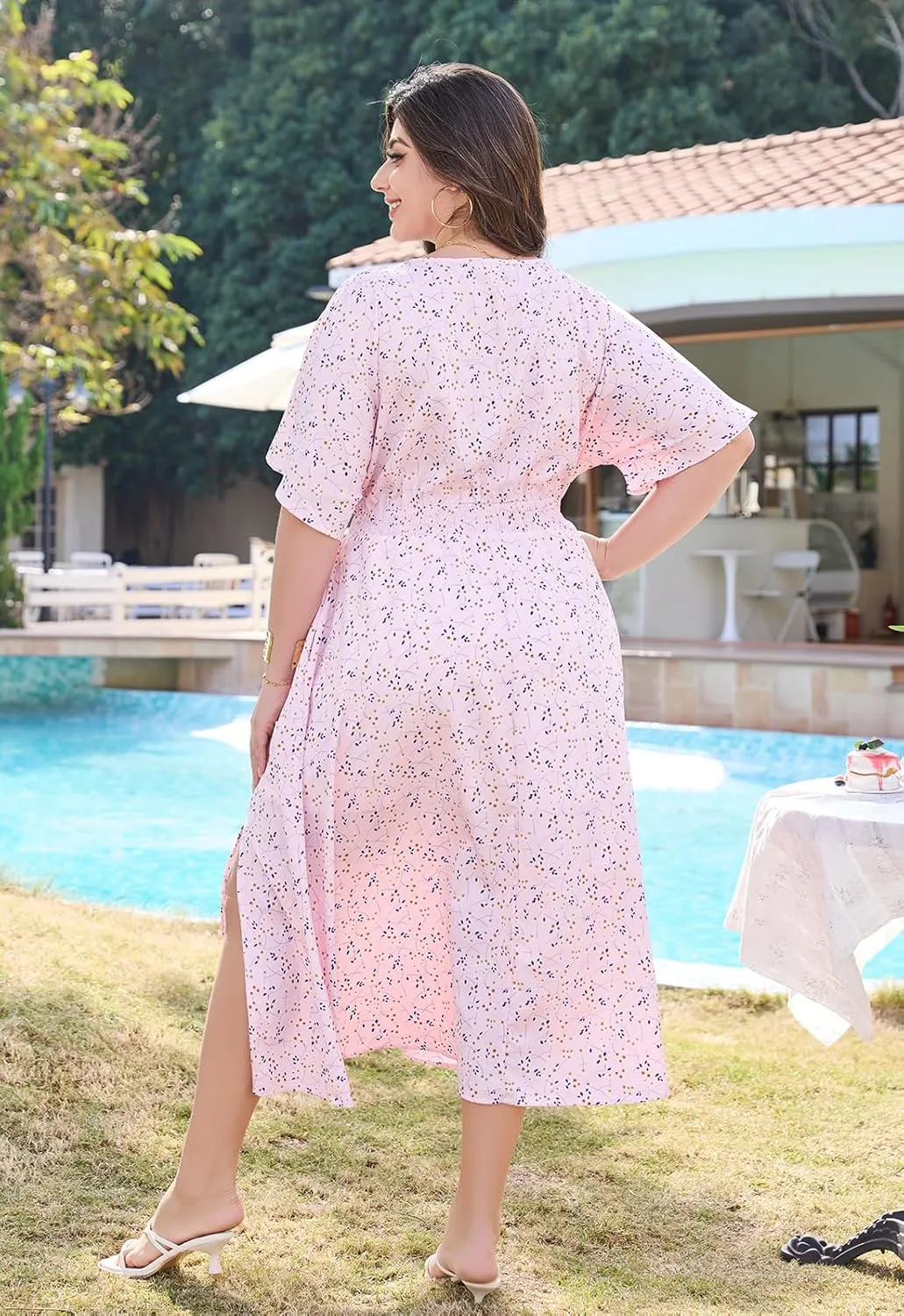 Keluummi Plus Size Summer Maxi Dresses for Curvy Women, Causal Boho Floral V Neck Empire Waist Dress with Pocket and Slit