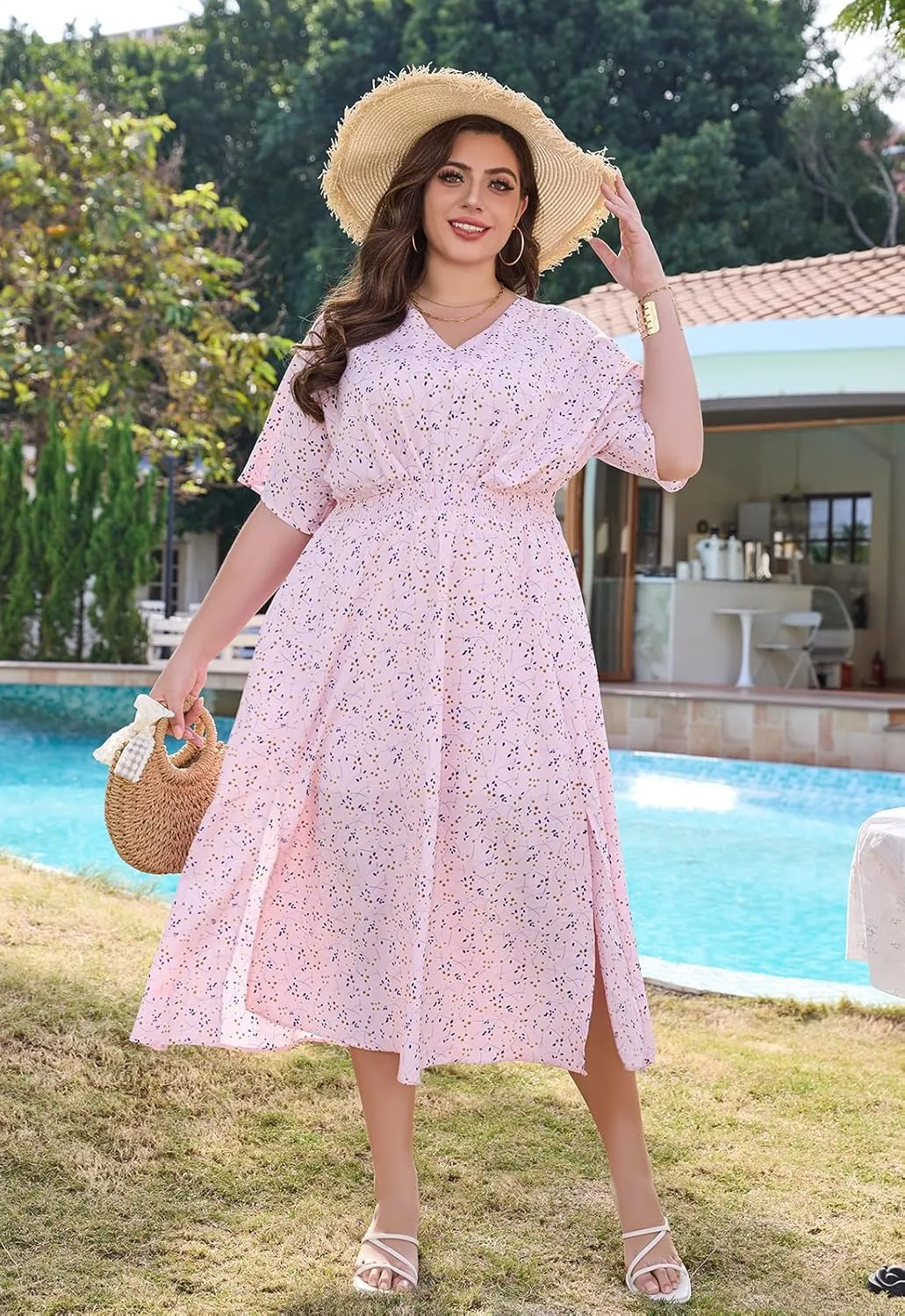 Keluummi Plus Size Summer Maxi Dresses for Curvy Women, Causal Boho Floral V Neck Empire Waist Dress with Pocket and Slit