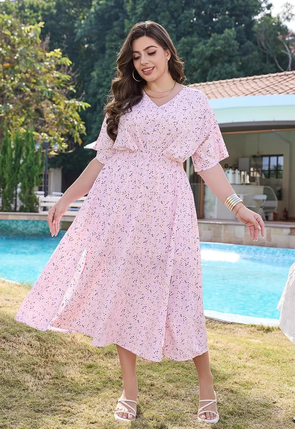 Keluummi Plus Size Summer Maxi Dresses for Curvy Women, Causal Boho Floral V Neck Empire Waist Dress with Pocket and Slit
