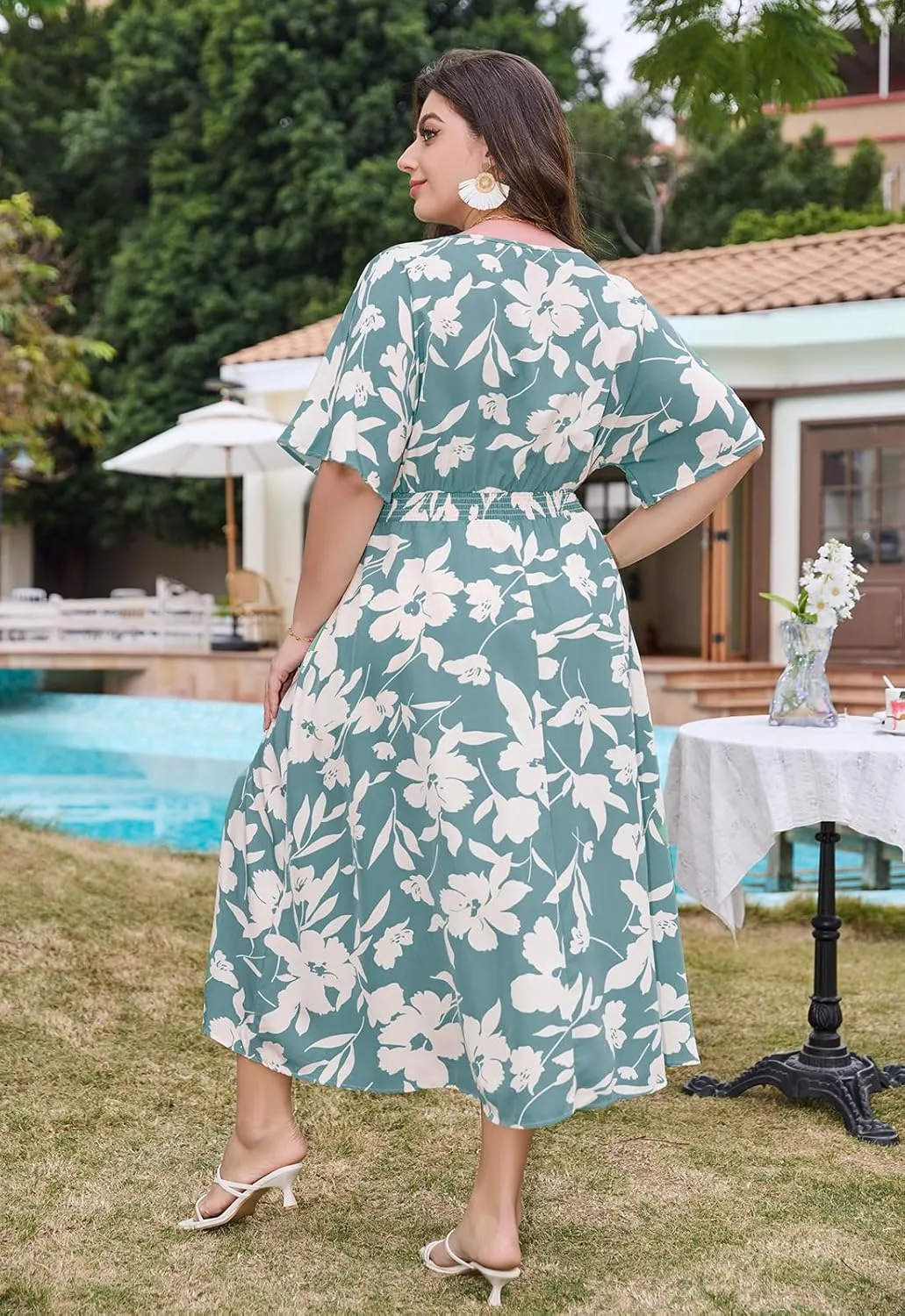 Keluummi Plus Size Summer Maxi Dresses for Curvy Women, Causal Boho Floral V Neck Empire Waist Dress with Pocket and Slit
