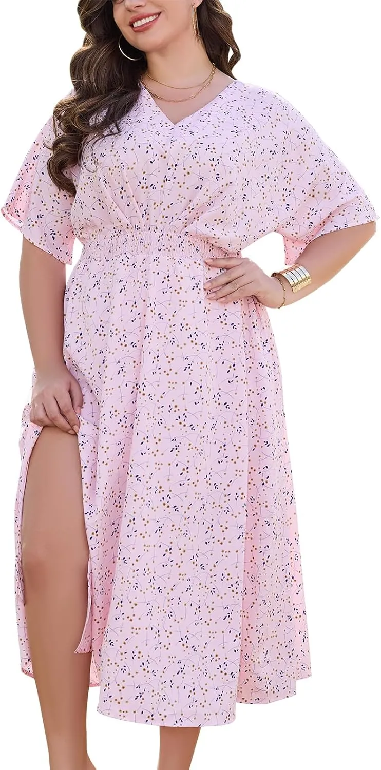 Keluummi Plus Size Summer Maxi Dresses for Curvy Women, Causal Boho Floral V Neck Empire Waist Dress with Pocket and Slit
