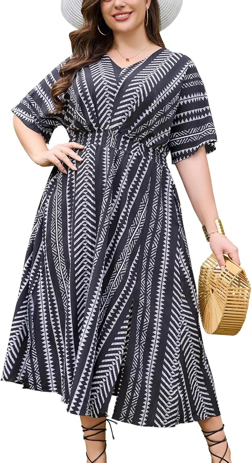 Keluummi Plus Size Summer Maxi Dresses for Curvy Women, Causal Boho Floral V Neck Empire Waist Dress with Pocket and Slit