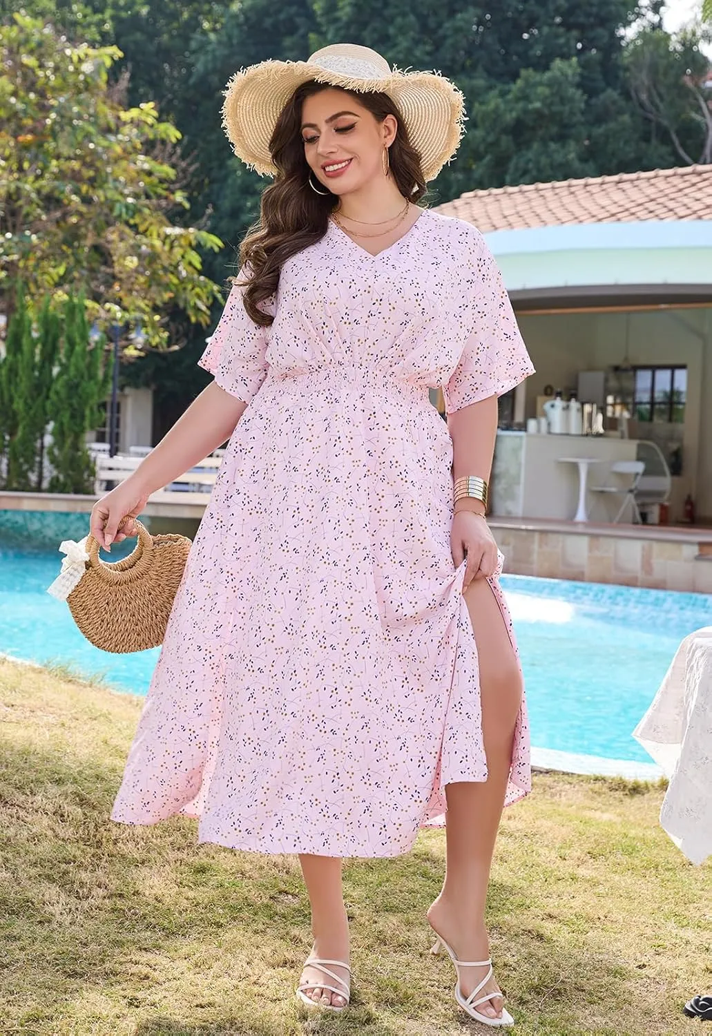 Keluummi Plus Size Summer Maxi Dresses for Curvy Women, Causal Boho Floral V Neck Empire Waist Dress with Pocket and Slit