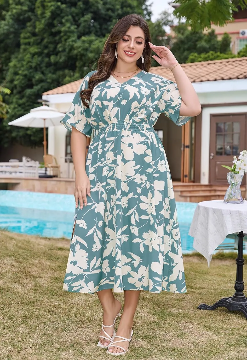 Keluummi Plus Size Summer Maxi Dresses for Curvy Women, Causal Boho Floral V Neck Empire Waist Dress with Pocket and Slit