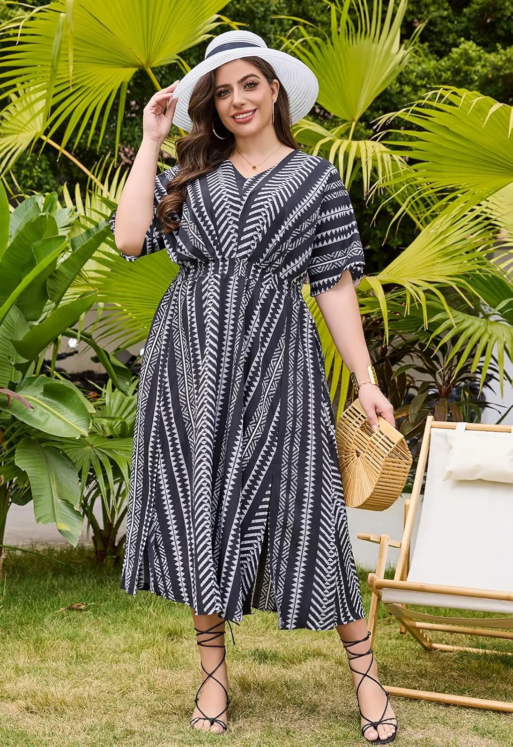 Keluummi Plus Size Summer Maxi Dresses for Curvy Women, Causal Boho Floral V Neck Empire Waist Dress with Pocket and Slit