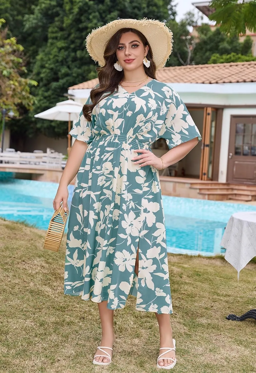 Keluummi Plus Size Summer Maxi Dresses for Curvy Women, Causal Boho Floral V Neck Empire Waist Dress with Pocket and Slit