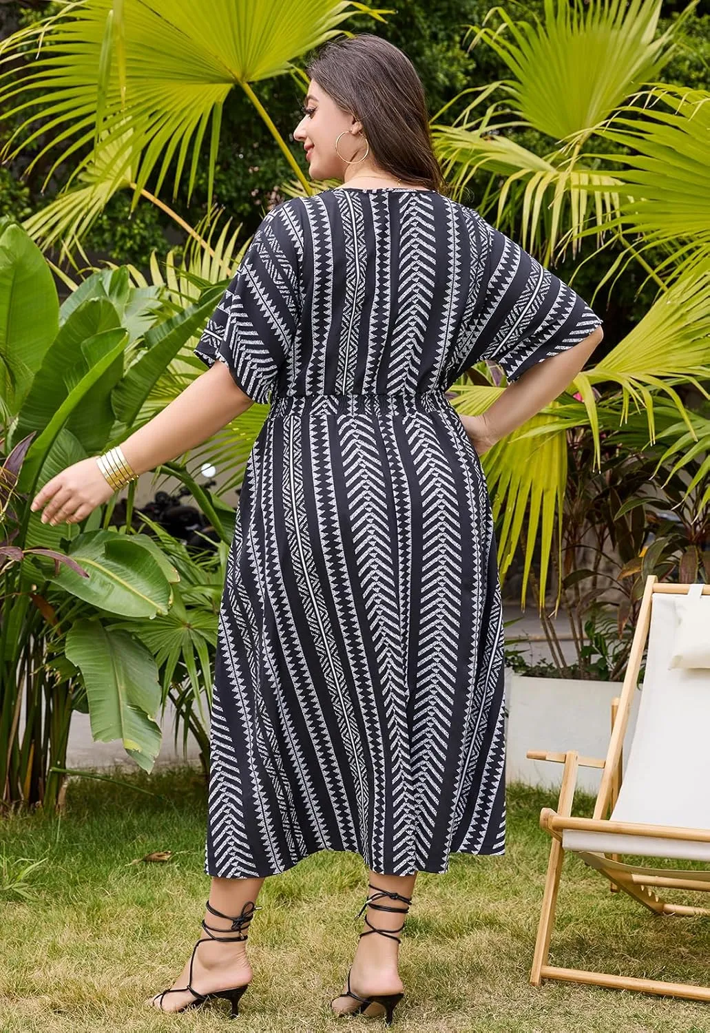 Keluummi Plus Size Summer Maxi Dresses for Curvy Women, Causal Boho Floral V Neck Empire Waist Dress with Pocket and Slit
