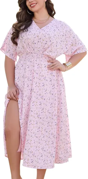 Keluummi Plus Size Summer Maxi Dresses for Curvy Women, Causal Boho Floral V Neck Empire Waist Dress with Pocket and Slit