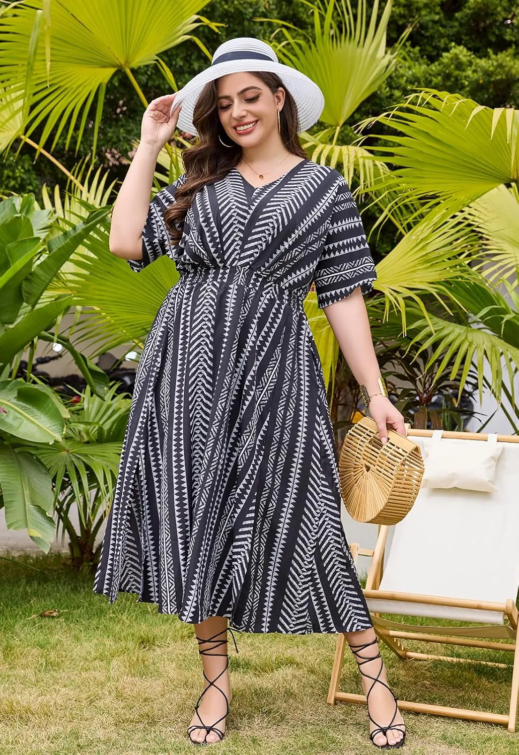 Keluummi Plus Size Summer Maxi Dresses for Curvy Women, Causal Boho Floral V Neck Empire Waist Dress with Pocket and Slit