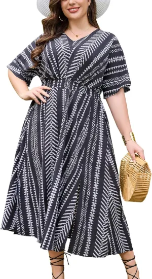 Keluummi Plus Size Summer Maxi Dresses for Curvy Women, Causal Boho Floral V Neck Empire Waist Dress with Pocket and Slit