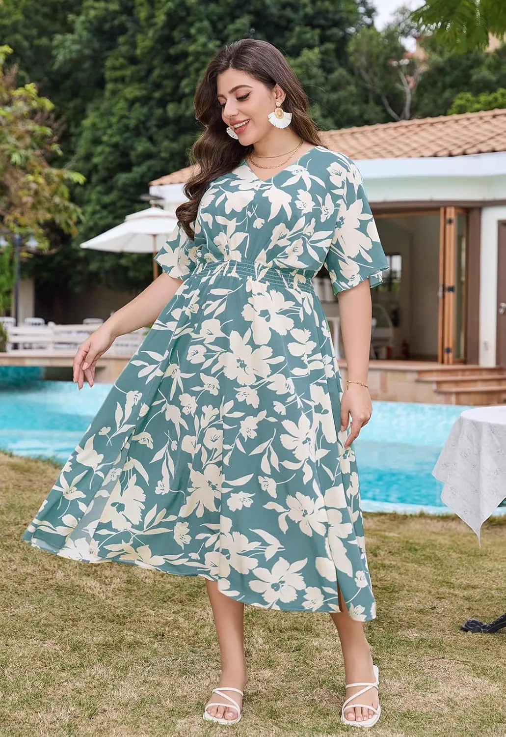 Keluummi Plus Size Summer Maxi Dresses for Curvy Women, Causal Boho Floral V Neck Empire Waist Dress with Pocket and Slit