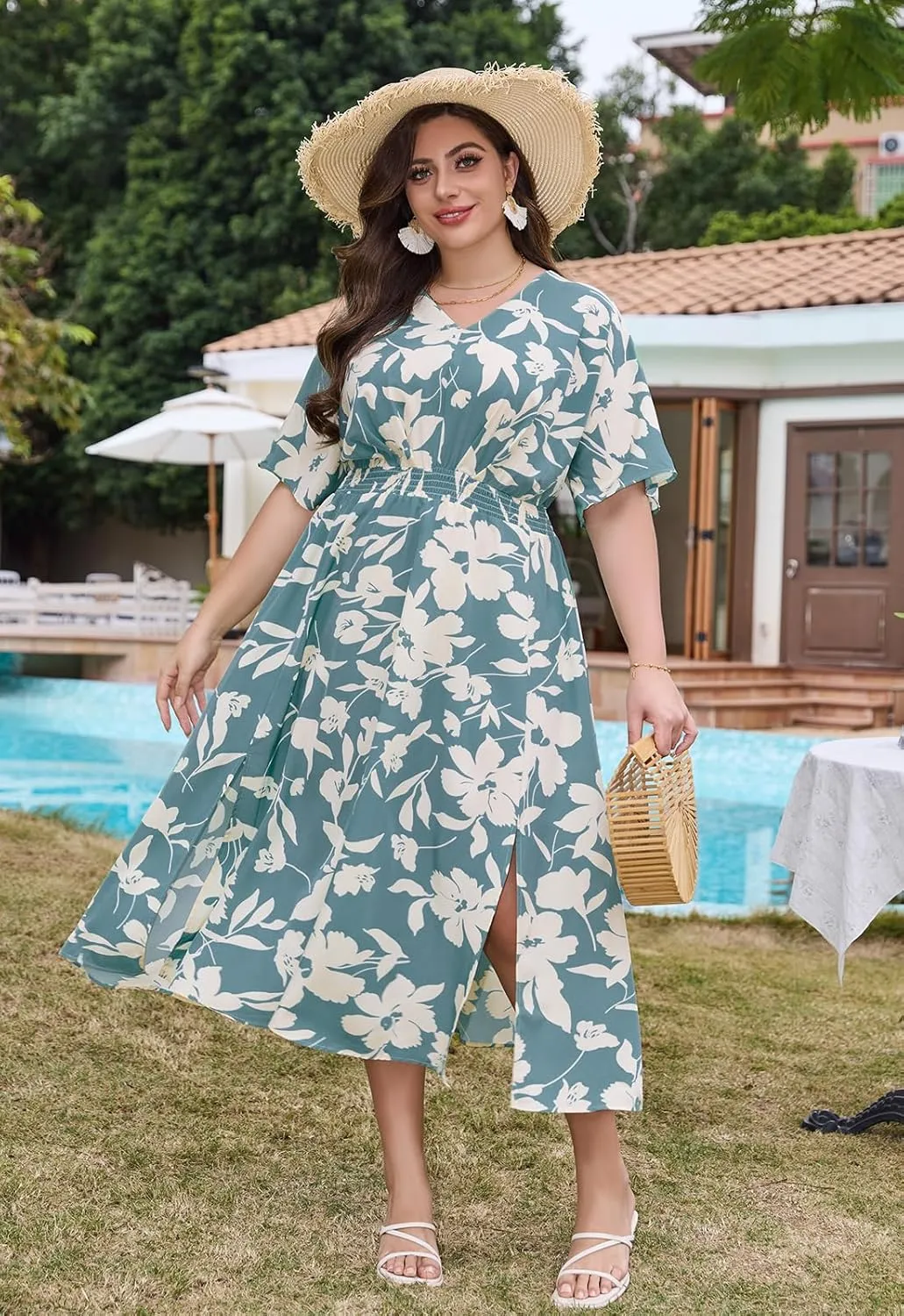 Keluummi Plus Size Summer Maxi Dresses for Curvy Women, Causal Boho Floral V Neck Empire Waist Dress with Pocket and Slit