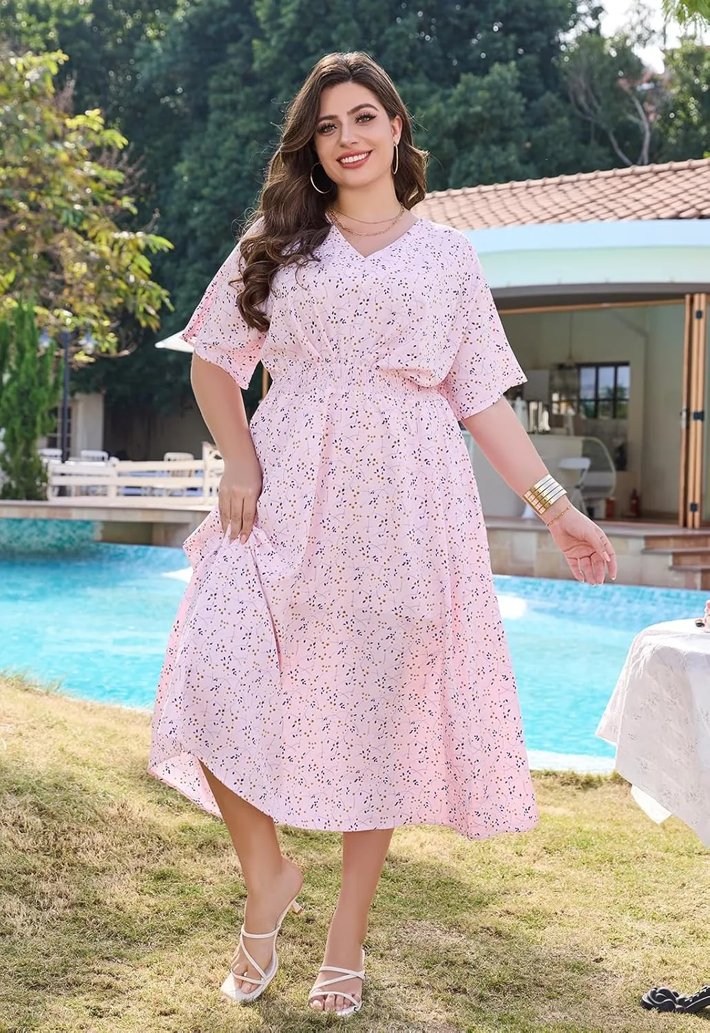 Keluummi Plus Size Summer Maxi Dresses for Curvy Women, Causal Boho Floral V Neck Empire Waist Dress with Pocket and Slit