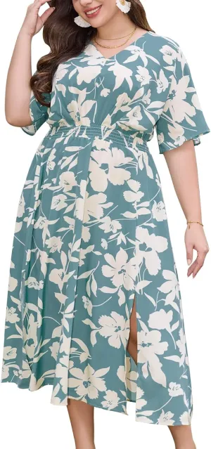 Keluummi Plus Size Summer Maxi Dresses for Curvy Women, Causal Boho Floral V Neck Empire Waist Dress with Pocket and Slit