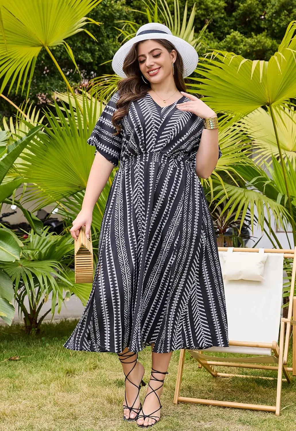 Keluummi Plus Size Summer Maxi Dresses for Curvy Women, Causal Boho Floral V Neck Empire Waist Dress with Pocket and Slit