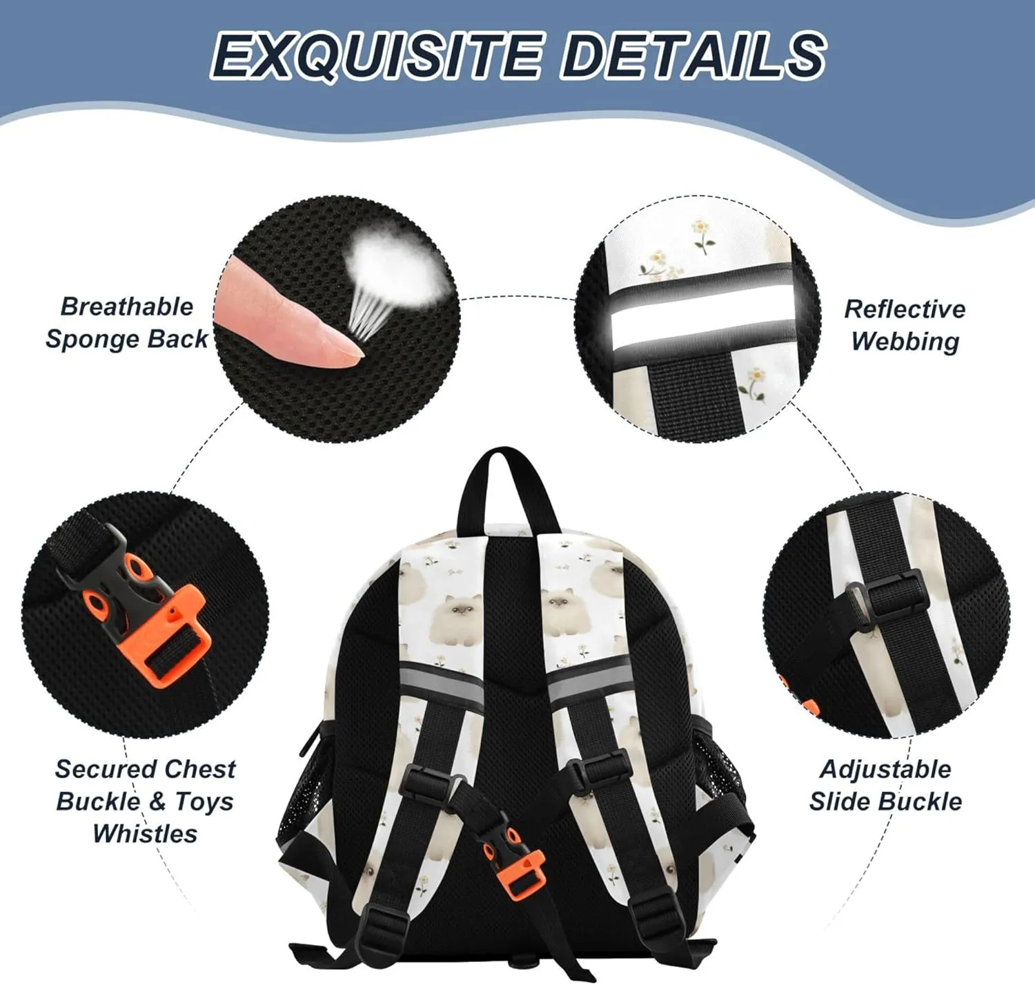KLL Cute Ears Daycare Backpack Leash Little Girls Anti-Lost Personalized Bookbag Decorations with Reflective Strip S Cute Himalayan Cats White