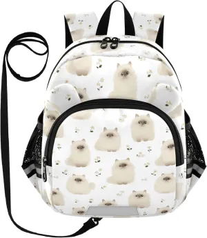KLL Cute Ears Daycare Backpack Leash Little Girls Anti-Lost Personalized Bookbag Decorations with Reflective Strip S Cute Himalayan Cats White
