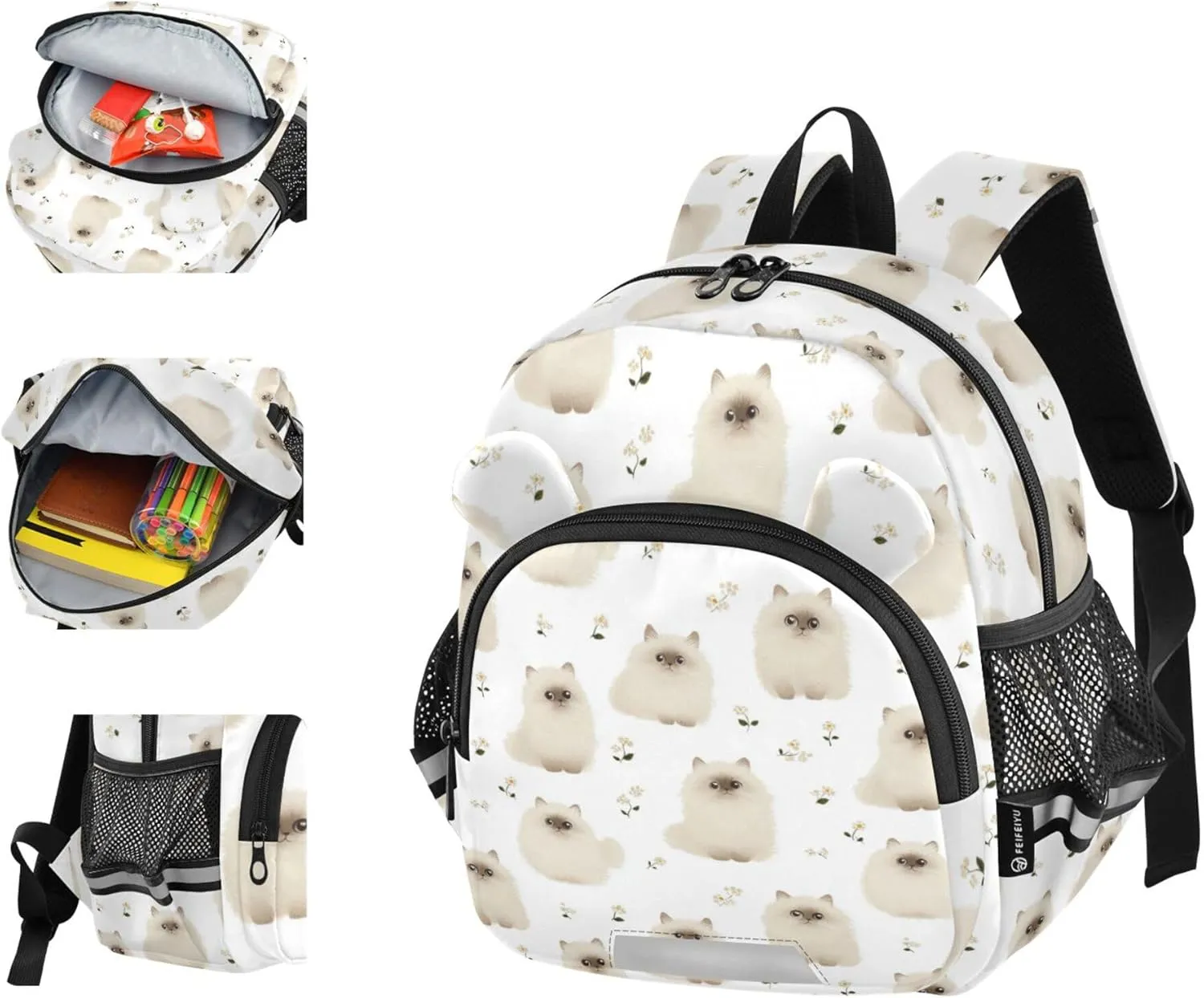 KLL Cute Ears Daycare Backpack Leash Little Girls Anti-Lost Personalized Bookbag Decorations with Reflective Strip S Cute Himalayan Cats White