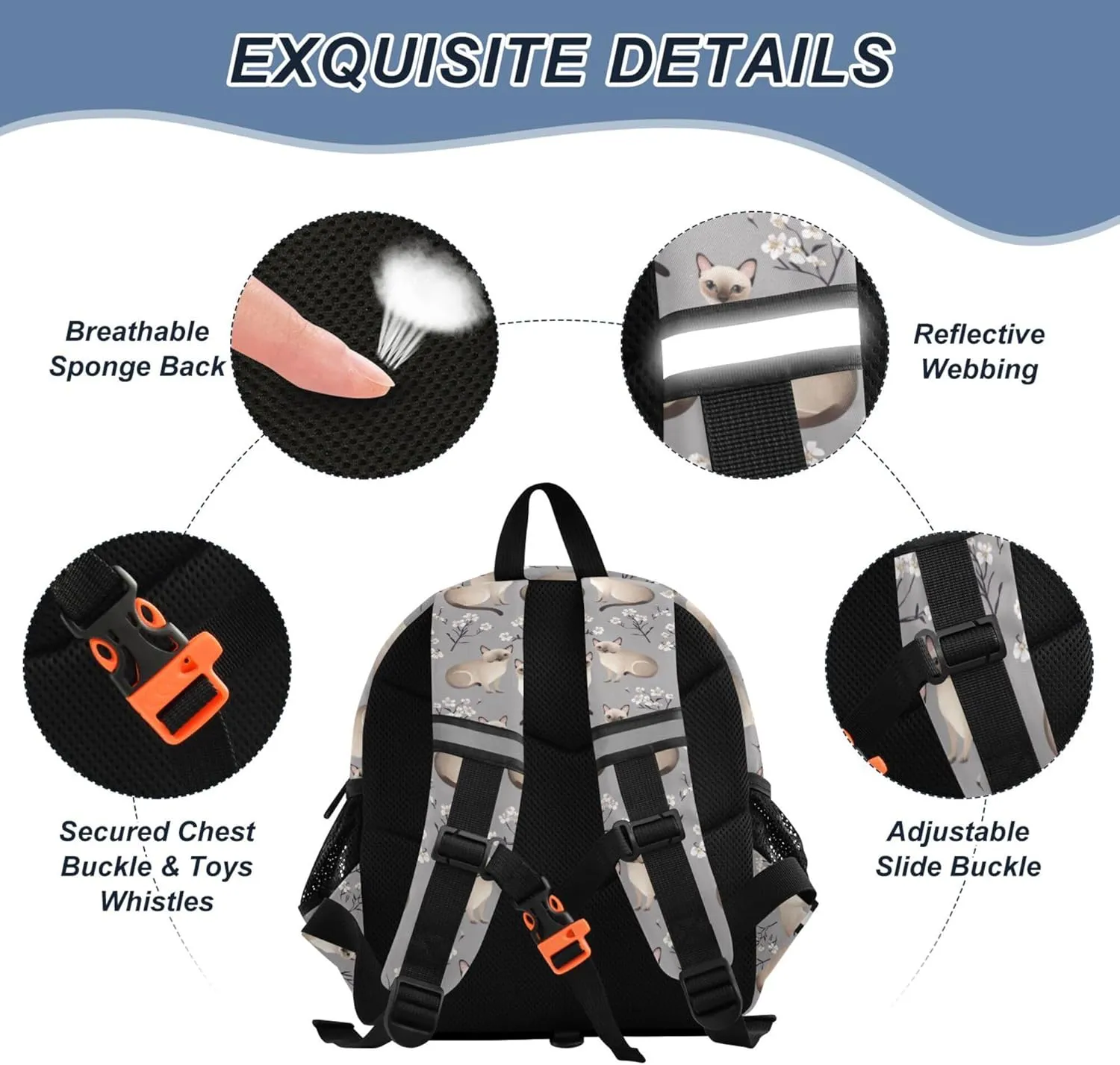 KLL Cute Ears Preschool Backpacks Leash Boys Girls Anti-Lost Personalized School Bag For Toddlers with Reflective Strip S Aesthetic Burmese Cats Grey