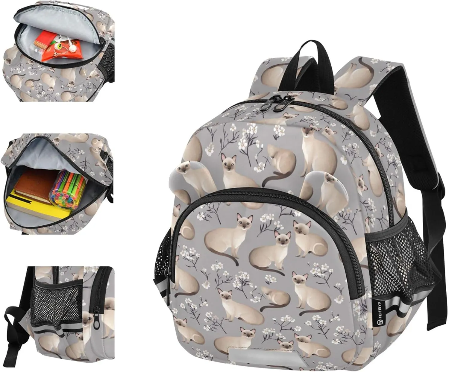 KLL Cute Ears Preschool Backpacks Leash Boys Girls Anti-Lost Personalized School Bag For Toddlers with Reflective Strip S Aesthetic Burmese Cats Grey