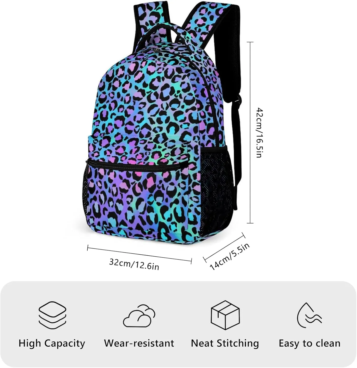 KOYI Leopard Print Backpack for Girls Cheetah Backpack, Gradient Bright Neon Blue Purple Cheetah Print Backpack, Children Casual Daypack Travel Laptop Backpack, 16.5 Inch