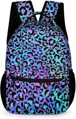 KOYI Leopard Print Backpack for Girls Cheetah Backpack, Gradient Bright Neon Blue Purple Cheetah Print Backpack, Children Casual Daypack Travel Laptop Backpack, 16.5 Inch
