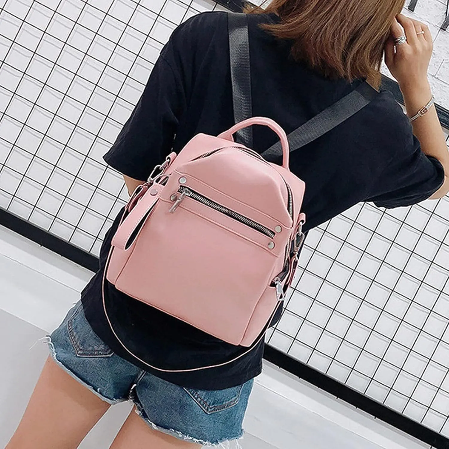 Ladies PU Leather Simple Retro Hobo Shoulder Bag Portable Women's Travel Backpacks (White)