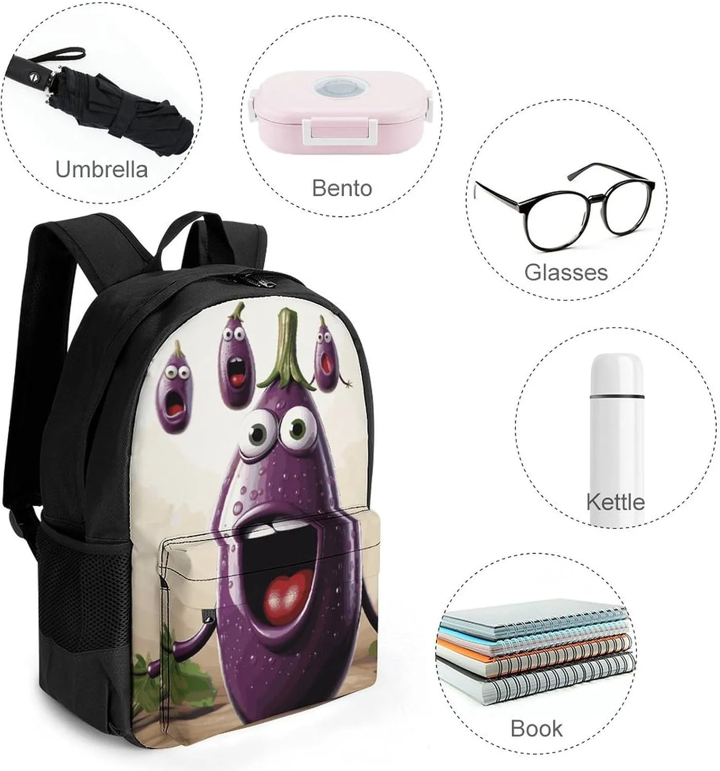 Laptop Backpack for Men Women Lightweight Backpack Cartoon Eggplant Daypack Rucksack with Compartment Laptop Bag