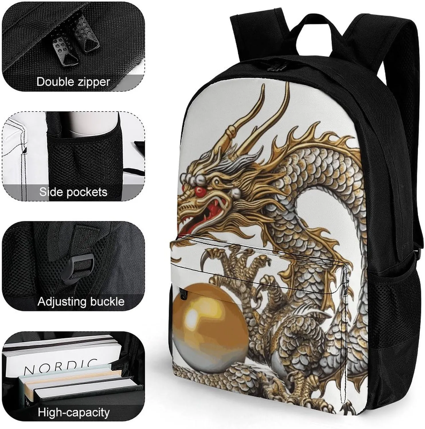 Laptop Backpack for Men Women Lightweight Backpack Chinese Dragon with Pearl Daypack Rucksack with Compartment Laptop Bag