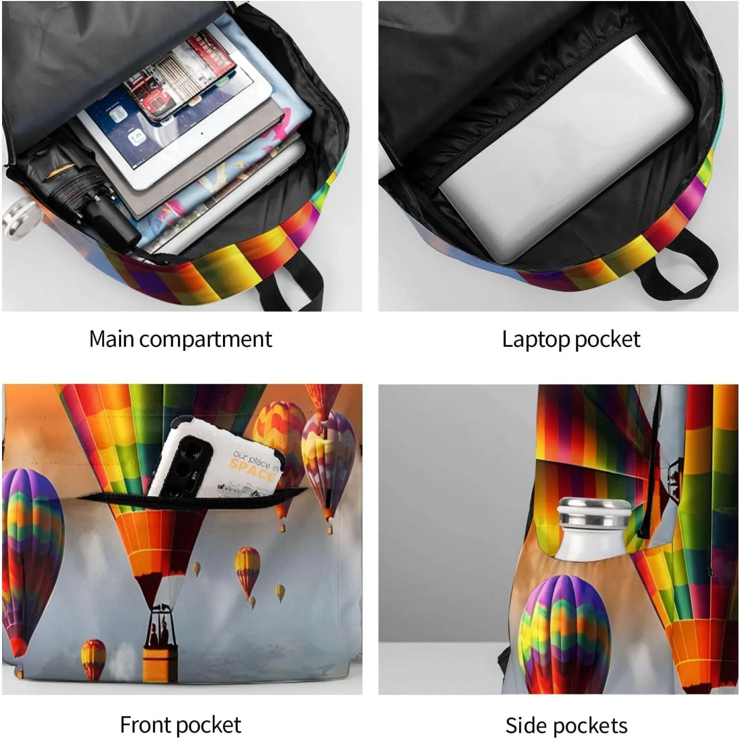 Laptop Backpack for Men Women Lightweight Backpack Hot Air Balloons Casual Daypack with Bottle Side Pockets