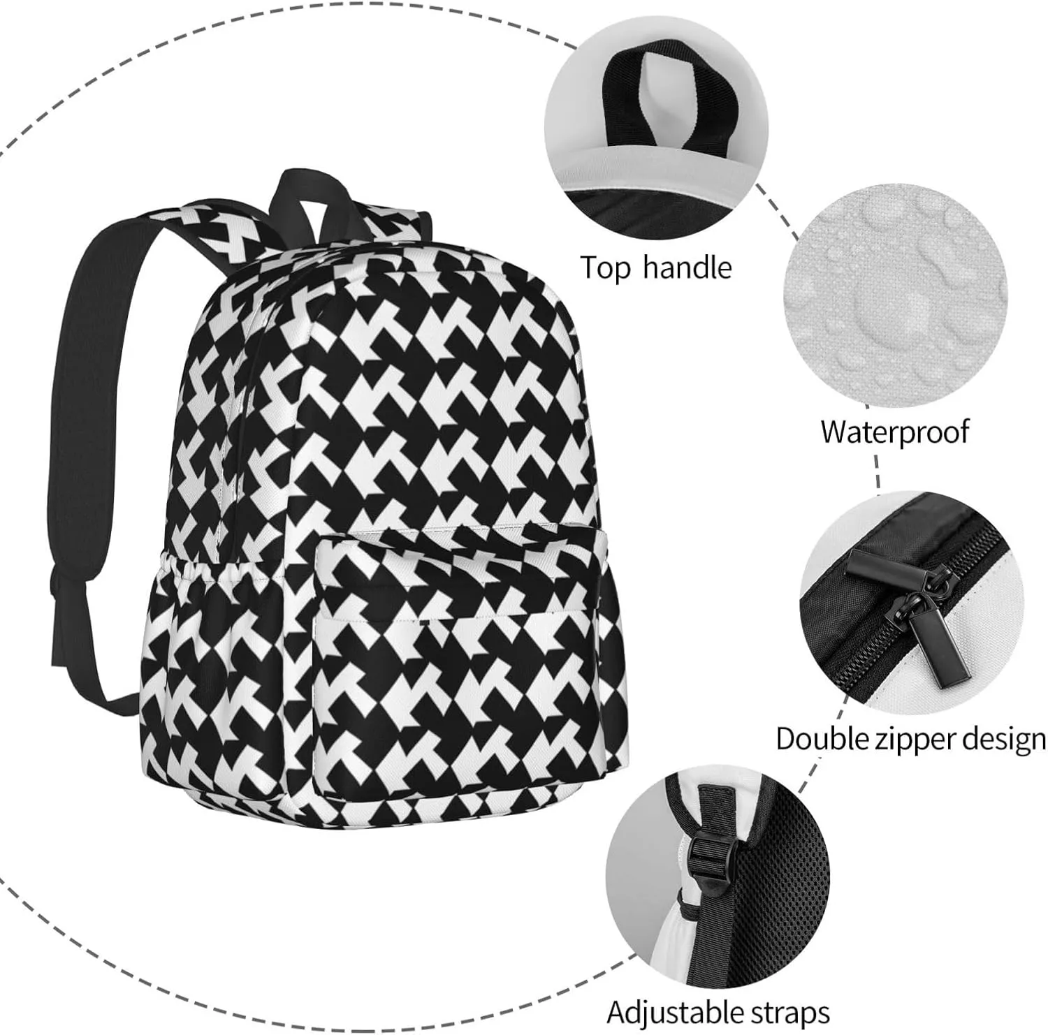 Laptop Backpack for Men Women Lightweight Backpack Houndstooth Black Casual Daypack with Bottle Side Pockets
