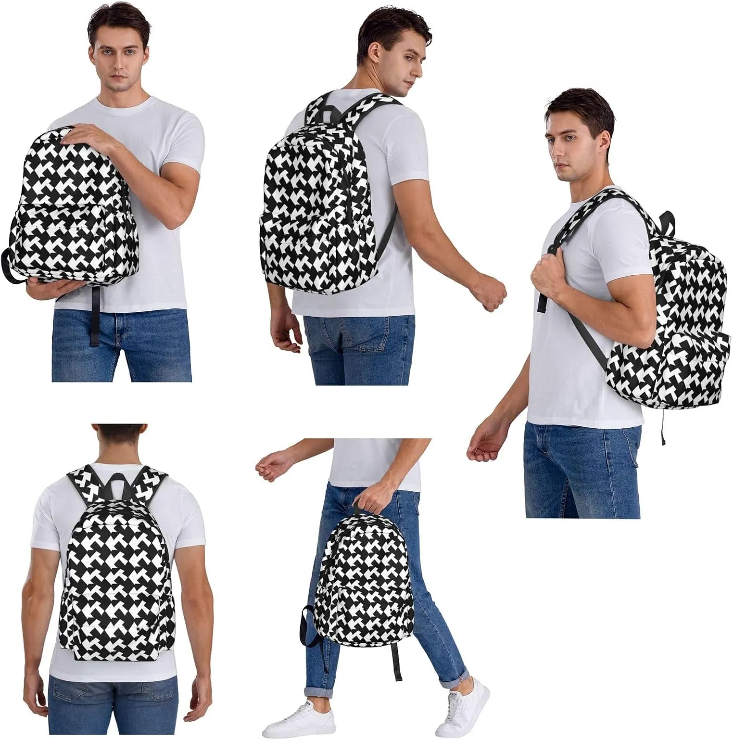 Laptop Backpack for Men Women Lightweight Backpack Houndstooth Black Casual Daypack with Bottle Side Pockets