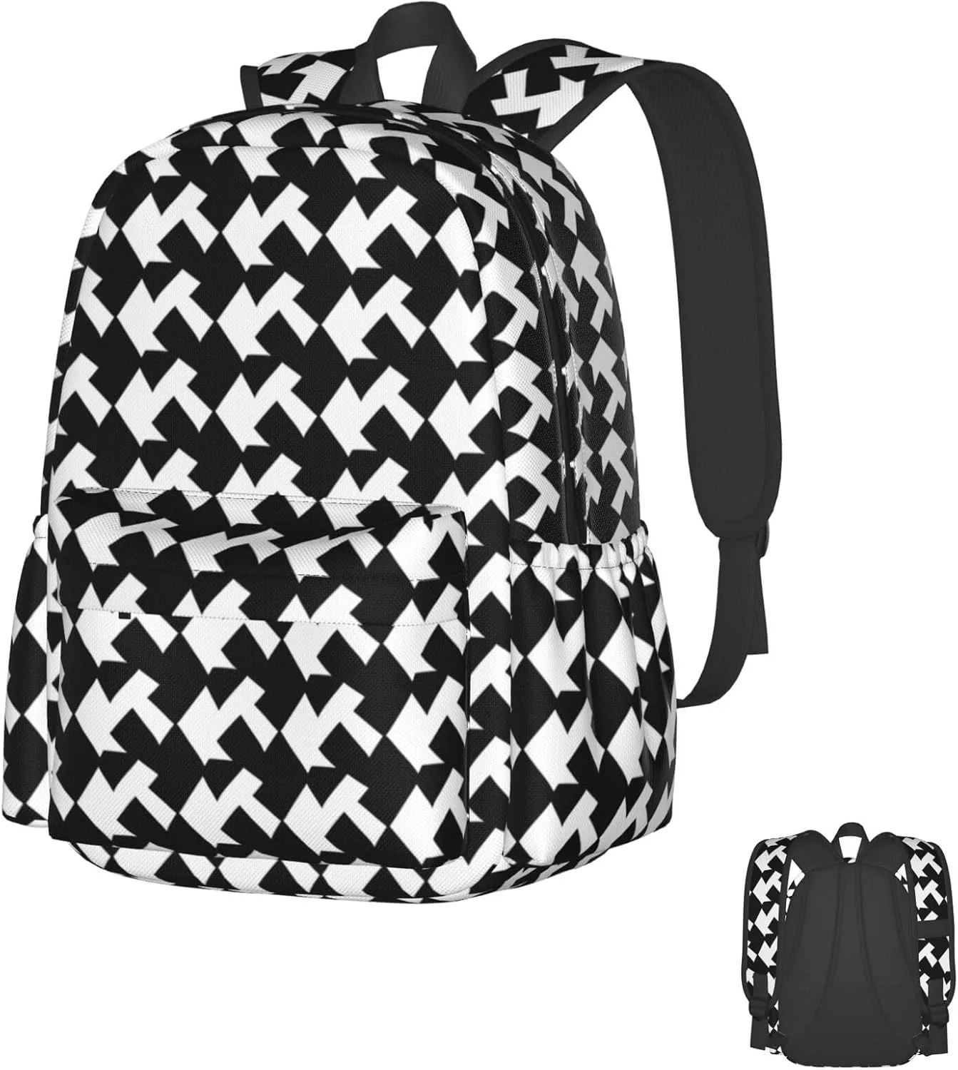 Laptop Backpack for Men Women Lightweight Backpack Houndstooth Black Casual Daypack with Bottle Side Pockets