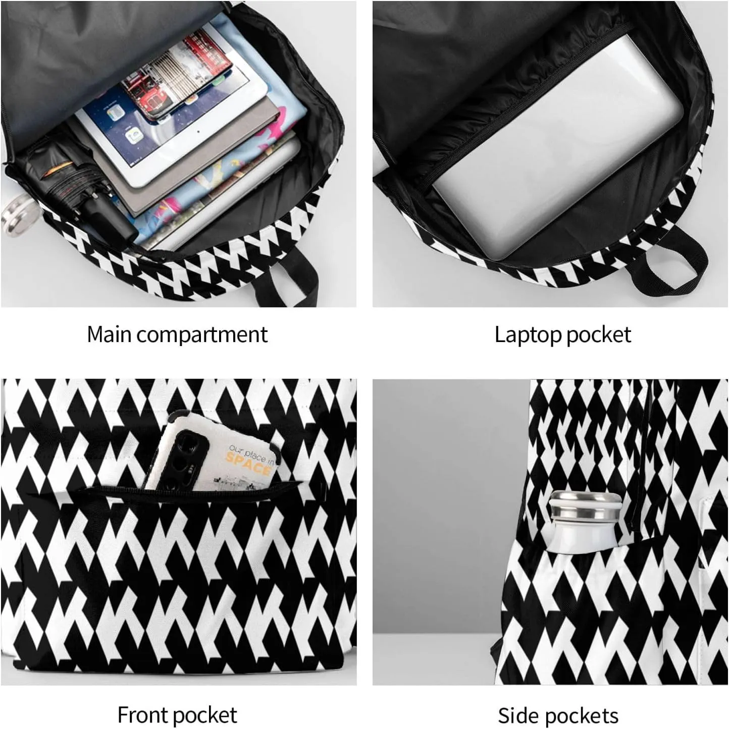 Laptop Backpack for Men Women Lightweight Backpack Houndstooth Black Casual Daypack with Bottle Side Pockets