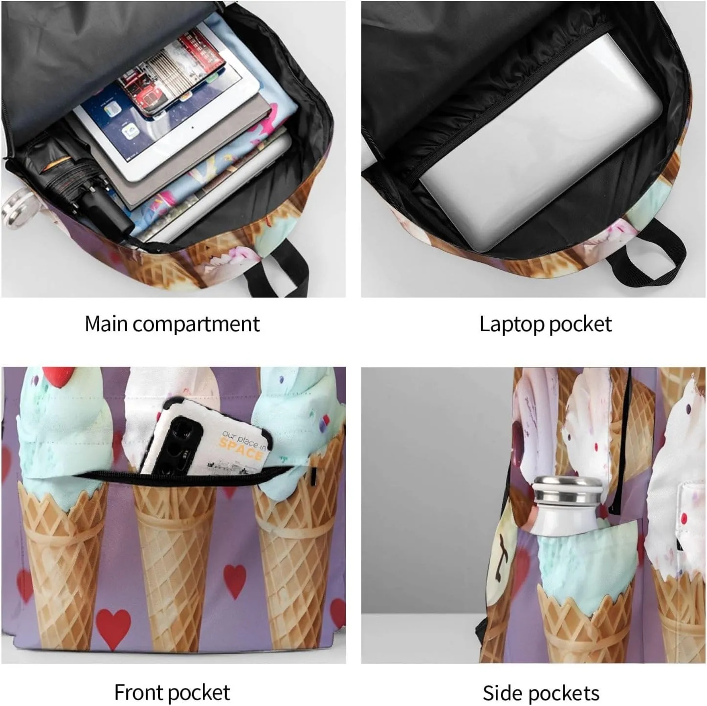 Laptop Backpack for Men Women Lightweight Backpack Ice Cream Cones Casual Daypack with Bottle Side Pockets